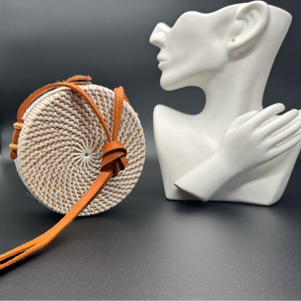 Round Woven Crossbody Bag with Orange Strap